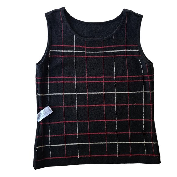 Petite Sophisticate Plaid Scoop Neck Knit Top Vest | NWOT | SP | Blk Red Cream - Picture 5 of 16